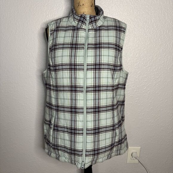J Jill Blue Plaid Curved Hem Puffer Vest Size L Pockets Fleece Lined Cozy Preppy - Picture 1 of 11